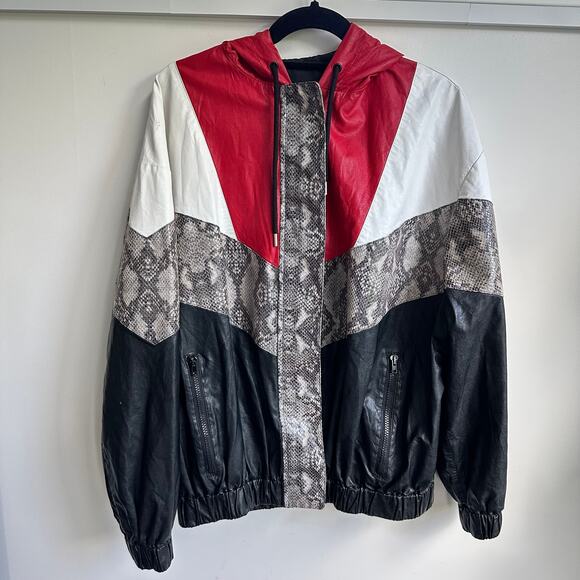 MSGM Faux Leather Sz 10 Large Snake Print Bomber Jacket IT 44 Black Red Designer - Picture 2 of 12